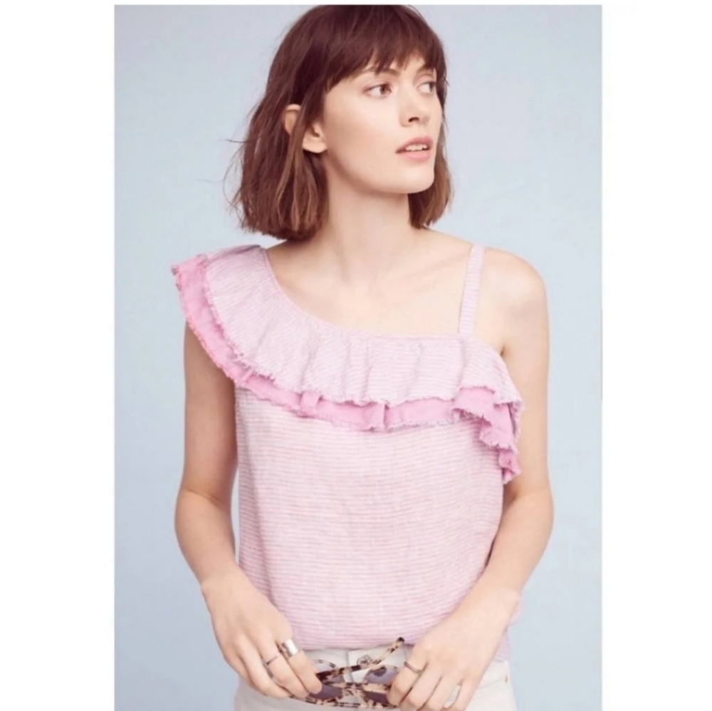 Anthropologie Holding Horses pink purple striped linen cold-shoulder shirt top M